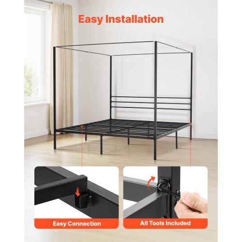 King Size Canopy Bed Frame Metal With Four Posters Design Heavy Duty Steel