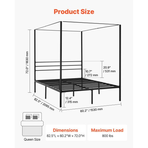 Queen Size Canopy Bed Frame Metal With Four Posters Design Heavy Duty Steel