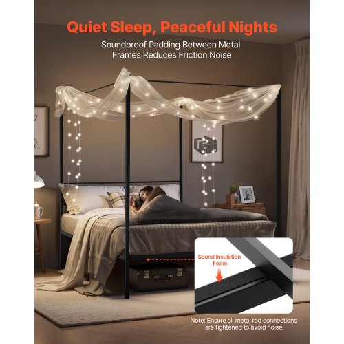 Queen Size Canopy Bed Frame Metal With Four Posters Design Heavy Duty Steel