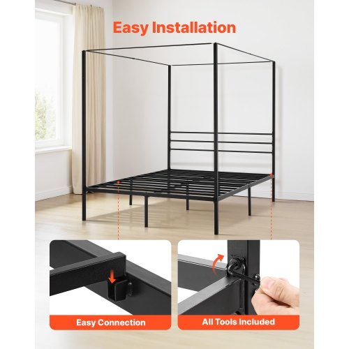 Queen Size Canopy Bed Frame Metal With Four Posters Design Heavy Duty Steel