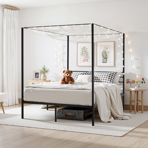 Queen Size Canopy Bed Frame Metal With Four Posters Design Heavy Duty Steel