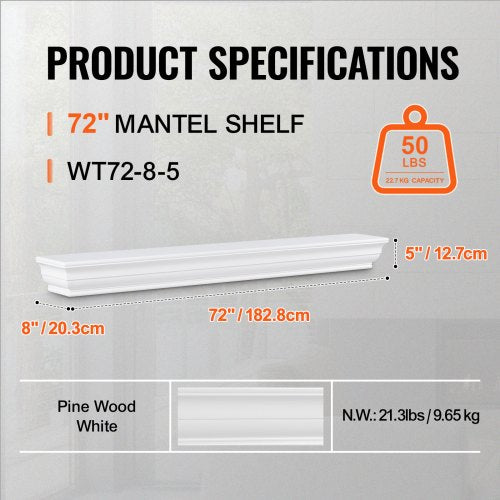 Fireplace Mantel 72 X 8 5 50 Lbs Weight Capacity Natural Wood For Over Wall