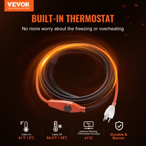 Pipe Heating Cable 6FT 7WFT Heat Tape for Pipes with Builtin Thermostat