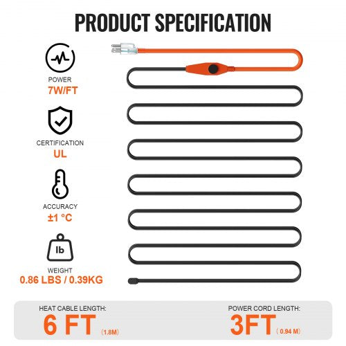 Pipe Heating Cable 6FT 7WFT Heat Tape for Pipes with Builtin Thermostat