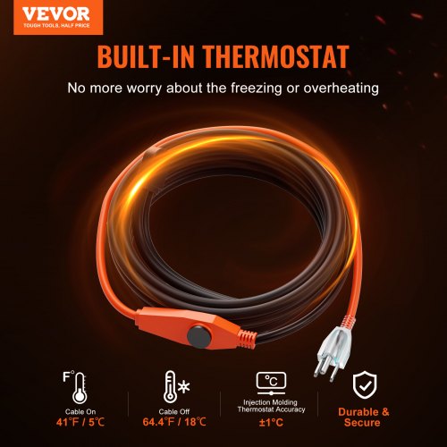 Pipe Heating Cable 60FT 7WFT Heat Tape for Pipes with Builtin Thermostat
