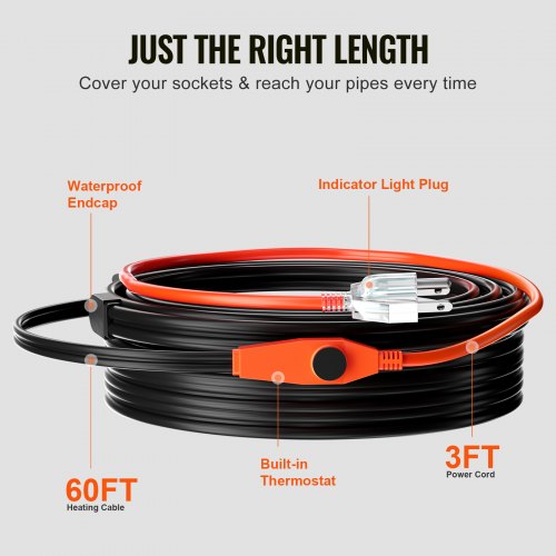 Pipe Heating Cable 60FT 7WFT Heat Tape for Pipes with Builtin Thermostat