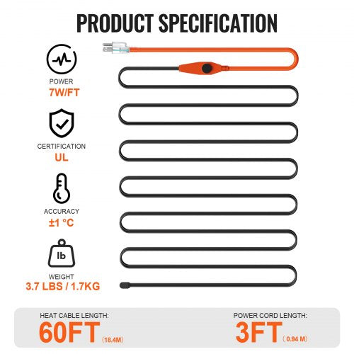 Pipe Heating Cable 60FT 7WFT Heat Tape for Pipes with Builtin Thermostat