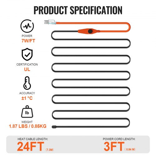 Pipe Heating Cable 24FT 7WFT Heat Tape for Pipes with Builtin Thermostat