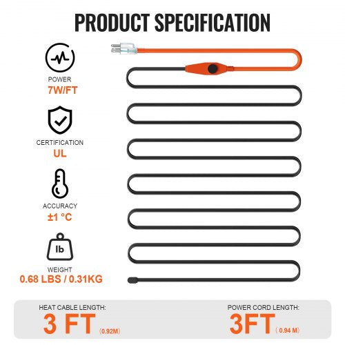 Pipe Heating Cable 3FT 7WFT Heat Tape for Pipes with Builtin Thermostat