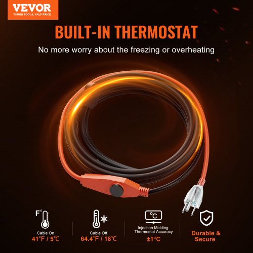 Pipe Heating Cable 12FT 7WFT Heat Tape for Pipes with Builtin Thermostat