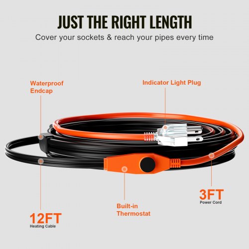 Pipe Heating Cable 12FT 7WFT Heat Tape for Pipes with Builtin Thermostat