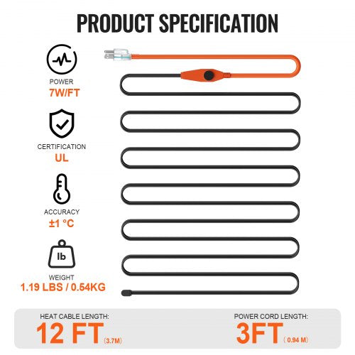 Pipe Heating Cable 12FT 7WFT Heat Tape for Pipes with Builtin Thermostat