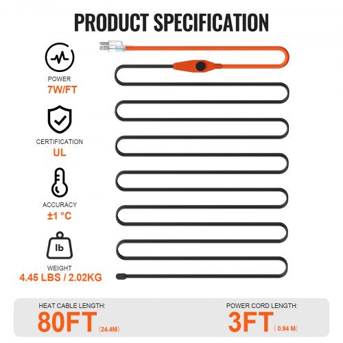 Pipe Heating Cable 80FT 7WFT Heat Tape for Pipes with Builtin Thermostat