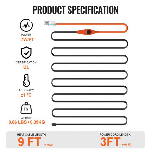 Pipe Heating Cable 9FT 7WFT Heat Tape for Pipes with Builtin Thermostat