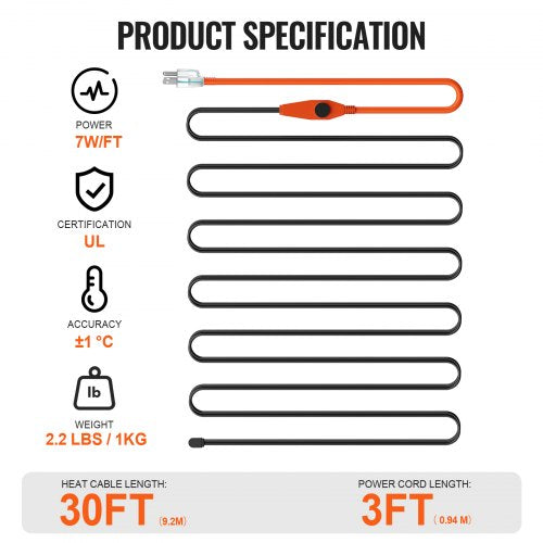 Pipe Heating Cable 30FT 7WFT Heat Tape for Pipes with Builtin Thermostat