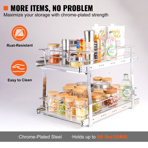 2 Tier 14Wx21Dx15H Pull Out Cabinet Organizer Heavy Duty Slide Out