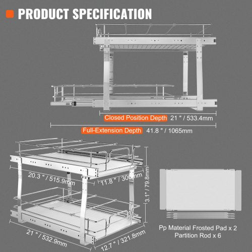 2 Tier 14Wx21Dx15H Pull Out Cabinet Organizer Heavy Duty Slide Out