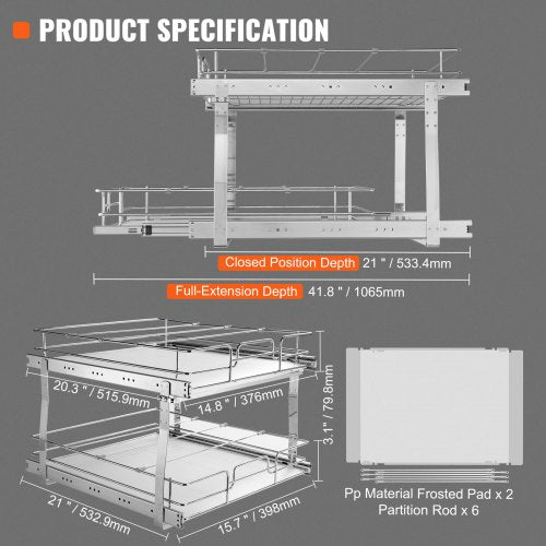 2 Tier 17Wx21Dx15H Pull Out Cabinet Organizer Heavy Duty Slide Out