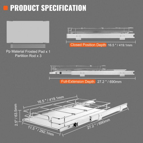 12.5"Wx16.5"Dx3.5"H Pull Out Cabinet Organizer Heavy Duty Slide Out Pantry