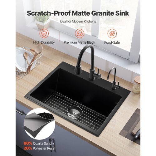 25 Inch Kitchen Sink Workstation Top Mount Granite Sinks Dropin Single Bowl