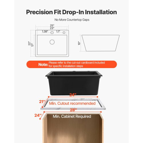 25 Inch Kitchen Sink Workstation Top Mount Granite Sinks Dropin Single Bowl