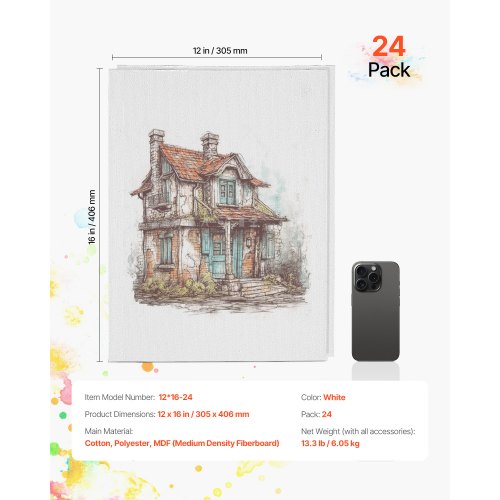 Canvas Boards for Painting 12 x 16 Inch White Canvases for Painting 24