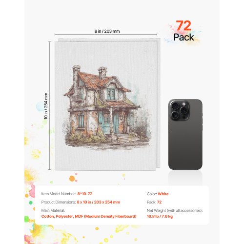 Canvas Boards for Painting 8 x 10 Inch White Canvases for Painting 72 Pack