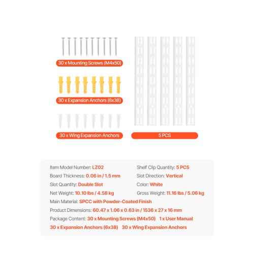Shelf Pilaster 60inch 5 Pack Dual Track Upright Wall Shelving System
