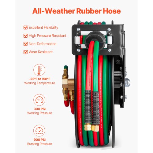 Retractable Welding Hose Reel 14Inch X 50Ft Twin Oxygen Acetylene Rubber Max