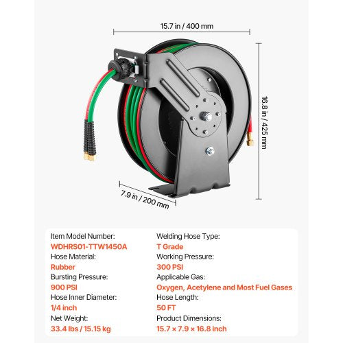 Retractable Welding Hose Reel 14Inch X 50Ft Twin Oxygen Acetylene Rubber Max