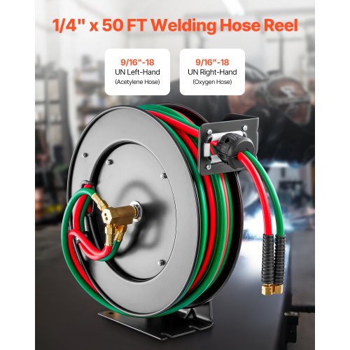 Retractable Welding Hose Reel 14Inch X 50Ft Twin Oxygen Acetylene Rubber Max lb