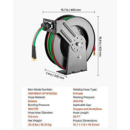 Retractable Welding Hose Reel 14Inch X 50Ft Twin Oxygen Acetylene Rubber Max lb