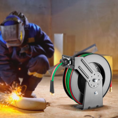 Retractable Welding Hose Reel 14Inch X 50Ft Twin Oxygen Acetylene Rubber Max lb