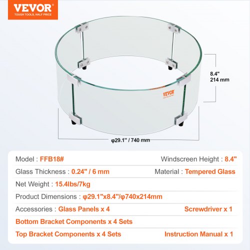 Fire Pit Wind Guard 29 x 8 inch Round Glass Flame Shield 024Inch Thick