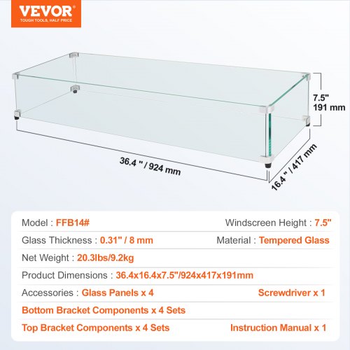 Glass Wind Guard for Rectangular Fire Pit Table 36 x 16 x 7.5 Inch 031