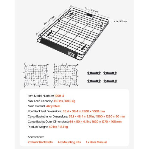 Roof Rack Basket 64 X 50 4.1 In Universal Rooftop Cargo Carrier With Two 354