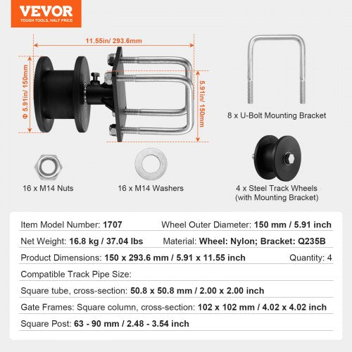 Sliding Gate Kit w HShaped Groove 4 Track Wheels for Cantilever – 102 MM
