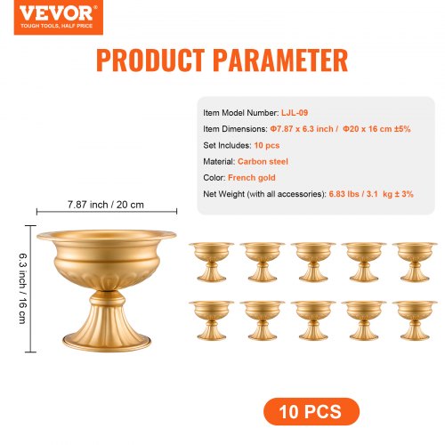 10PCS 16cm63” Tall Wedding Flower Vase Metal Wedding Centerpiece Gold