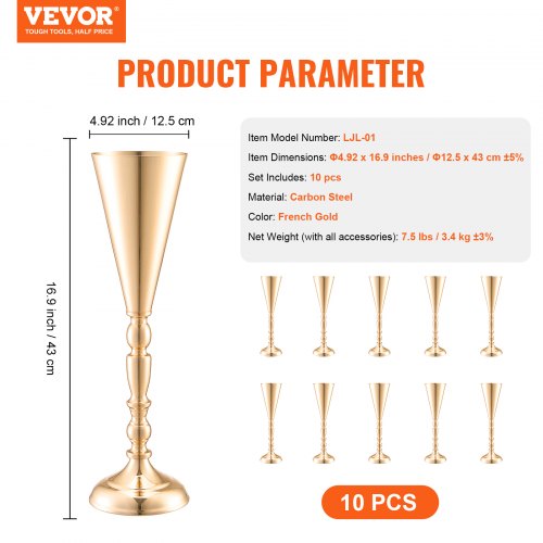 10PCS 43cm169” Tall Wedding Flower Vase Metal Wedding Trumpet