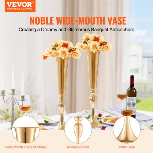 2PCS 56cm2205” Tall Wedding Flower Vase Metal Gold Trumpet for Tables