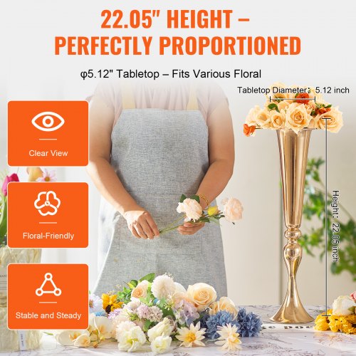 2PCS 56cm2205” Tall Wedding Flower Vase Metal Gold Trumpet for Tables