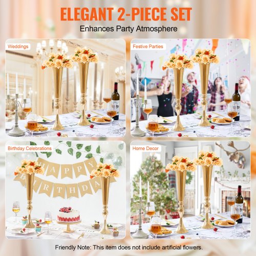 2PCS 56cm2205” Tall Wedding Flower Vase Metal Gold Trumpet for Tables