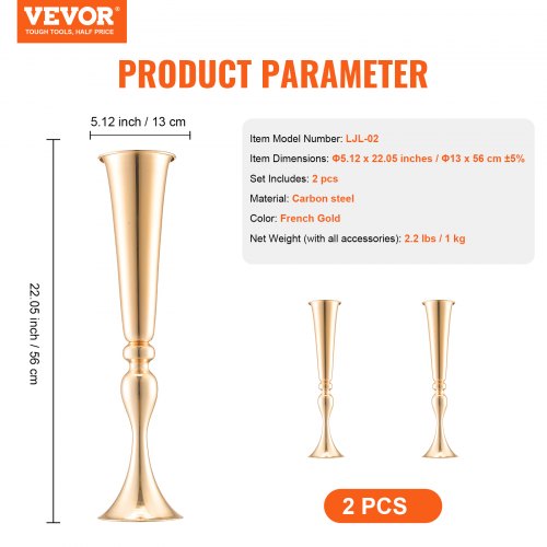2PCS 56cm2205” Tall Wedding Flower Vase Metal Gold Trumpet for Tables
