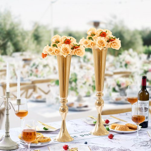 2PCS 56cm2205” Tall Wedding Flower Vase Metal Gold Trumpet for Tables
