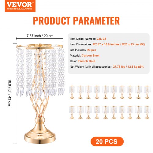 20PCS 43cm169” Tall Crystal Wedding Flower Stand Metal Wedding