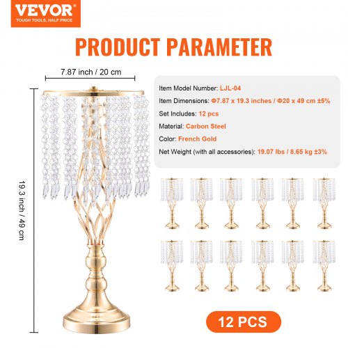 12PCS 49cm193” Tall Crystal Wedding Flower Stand Metal Wedding