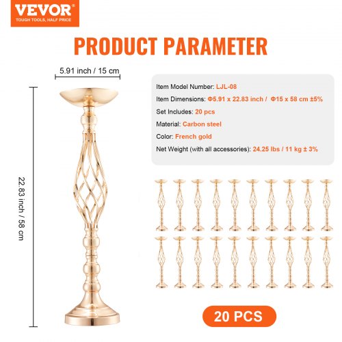 20PCS 58cm2283” Tall Wedding Flower Vase Metal Wedding Centerpiece Gold