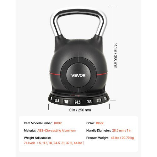 Kettlebell Adjustable With 7 Weight Levels 5 115 18 245 31 375 44 Lbs Diecast