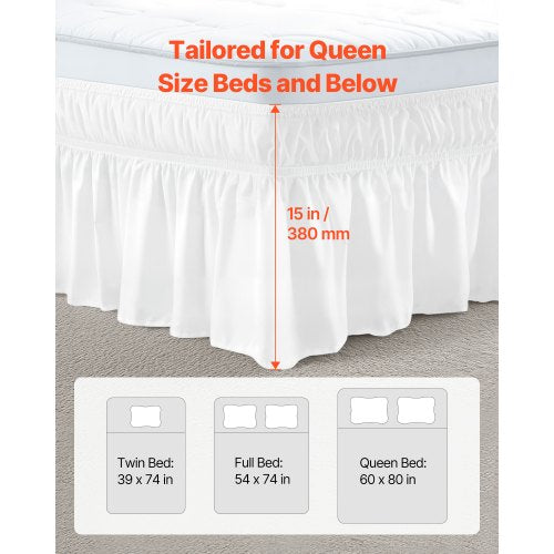 Wrap Around Bed Skirt 15 in Drop White Dust Ruffle Queen Size Three Sides