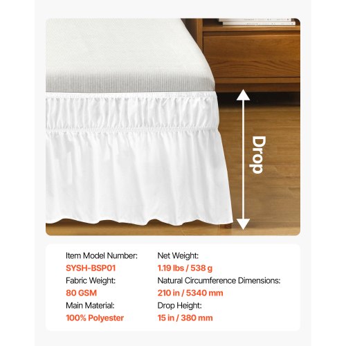 Wrap Around Bed Skirt 15 in Drop White Dust Ruffle Queen Size Three Sides